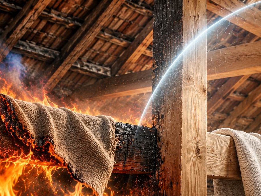 Trave in legno: zona non trattata a contatto con le fiamme e zona trattata NaNOFIRE protetta